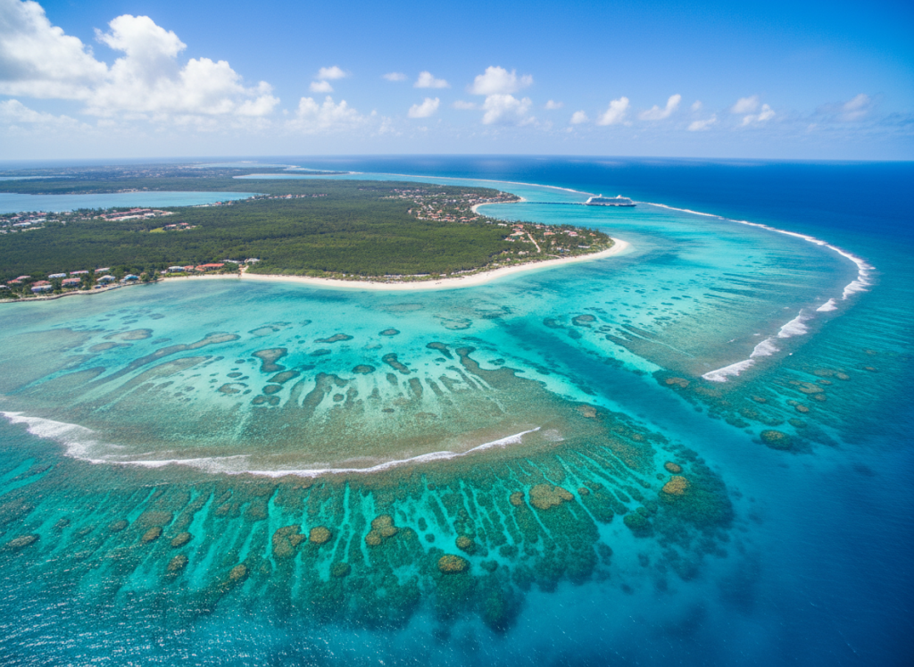 A stunning aerial view of the turquoise Caribbean ocean waters surrounding Grand Turk island, with pristine white-sand beaches, vibrant coral reefs visible beneath the crystal-clear water, and lush tropical scenery under a bright blue sky with soft white clouds